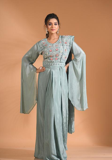 Blue Embroidered Pure Chiffon Palazzo Set