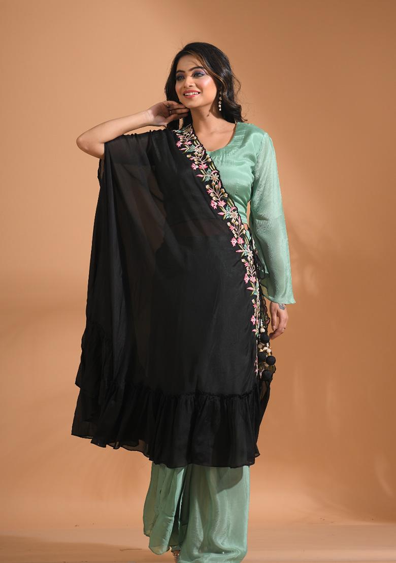 Green Embroidered Pure Chiffon Palazzo Set - Indya