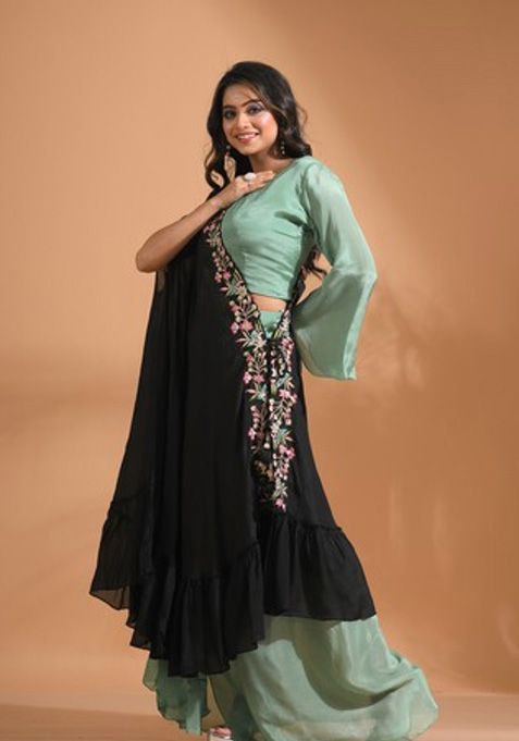 Green Embroidered Pure Chiffon Palazzo Set