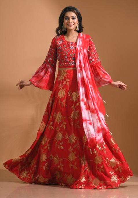 Red Embroidered Silk Blend Palazzo Set