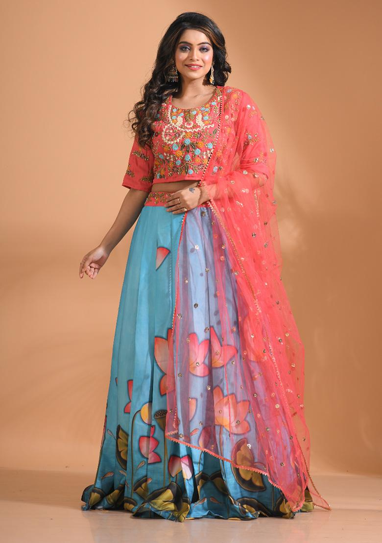 Blue Embroidered Linen Palazzo Set - Indya