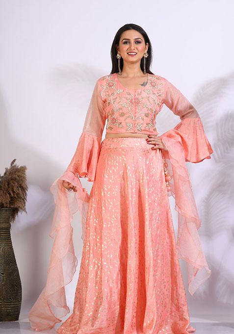 Peach Embroidered Organza Palazzo Set