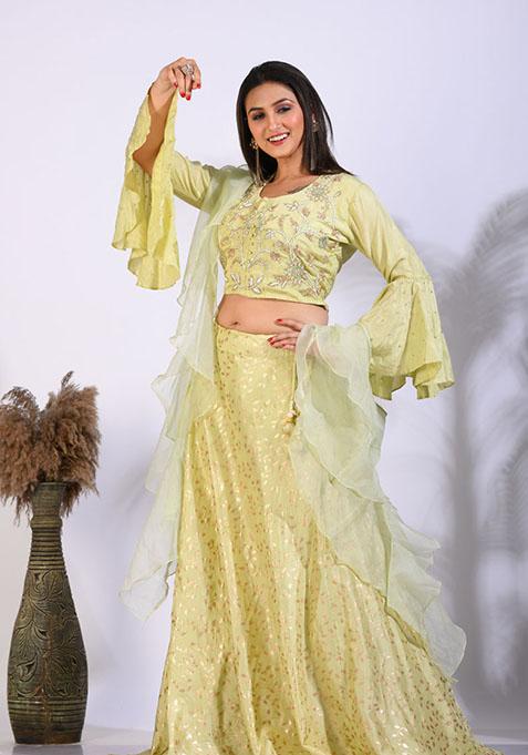 Fluorescent Green Embroidered Organza Palazzo Set