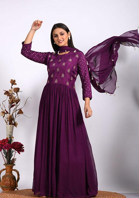 Purple Embroidered Pure Georgette Palazzo Set