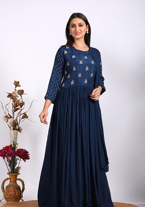 Blue Embroidered Pure Georgette Palazzo Set