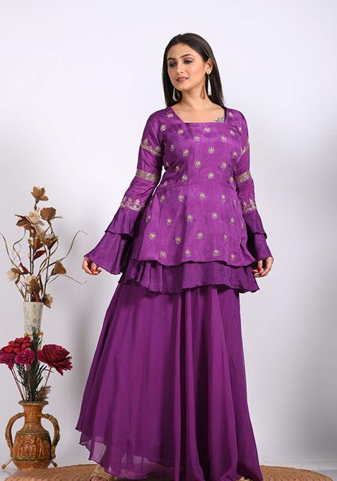 Purple Embroidered Pure Georgette Palazzo Set