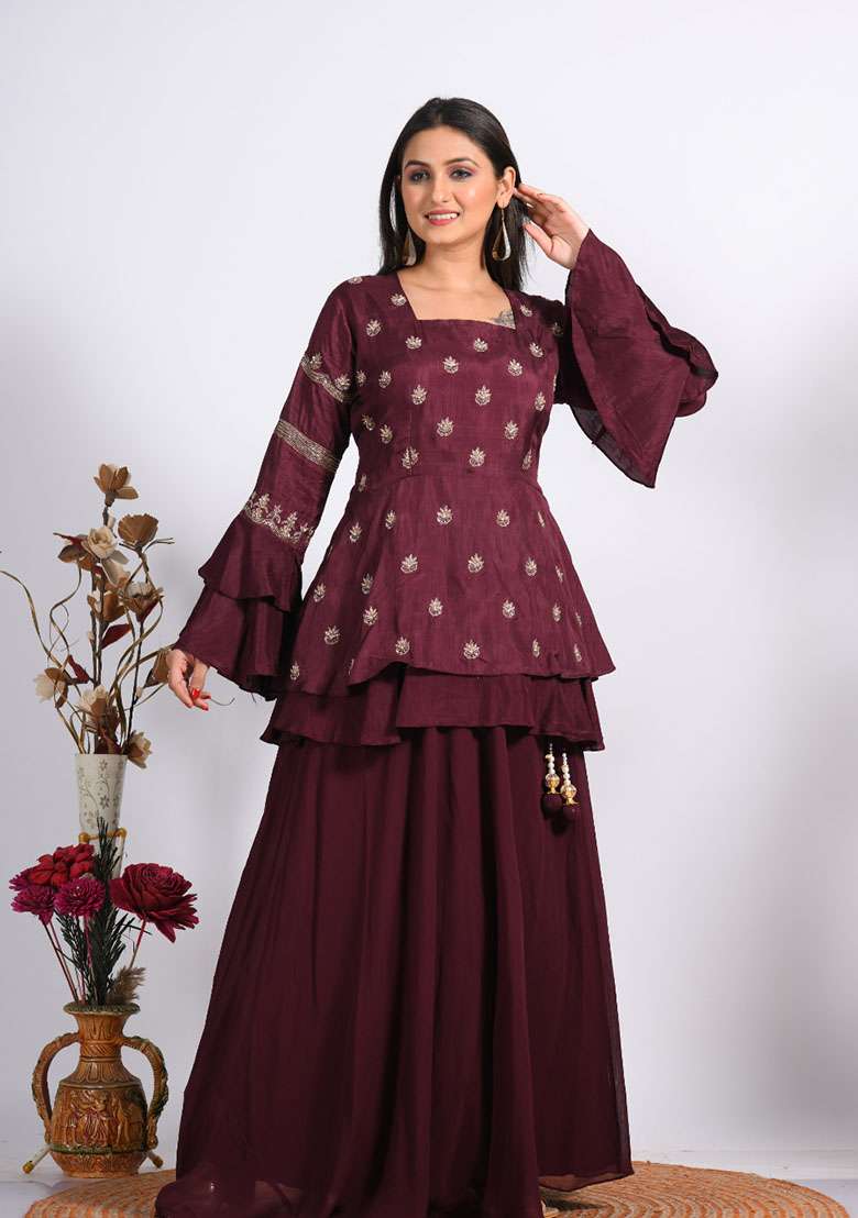 Maroon Embroidered Georgette Sharara Set - Indya