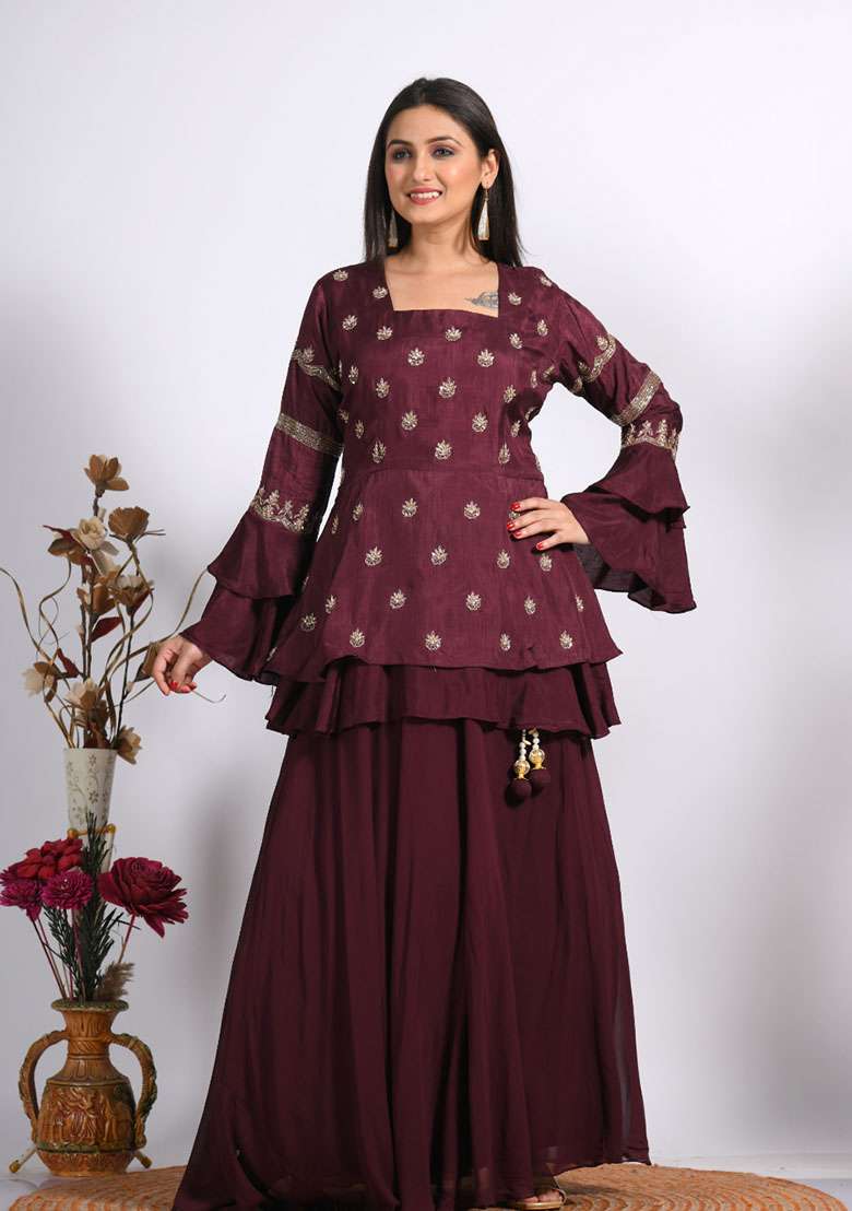 Maroon Embroidered Georgette Sharara Set - Indya