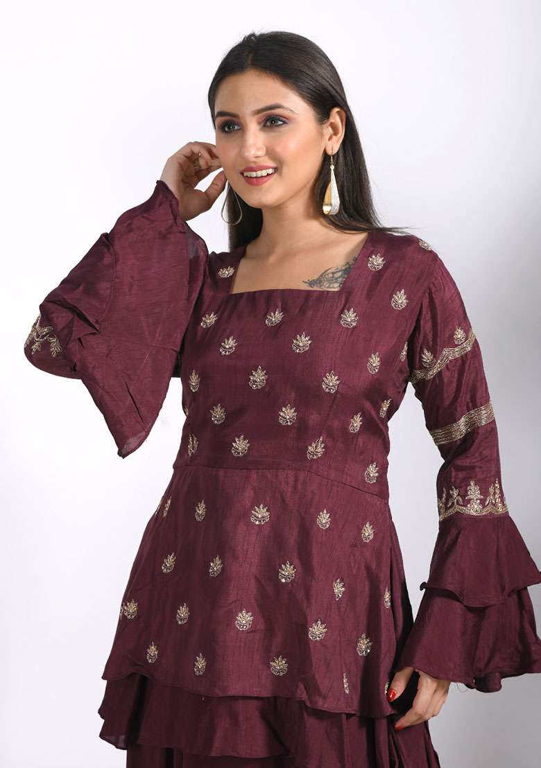 Maroon Embroidered Georgette Sharara Set - Indya