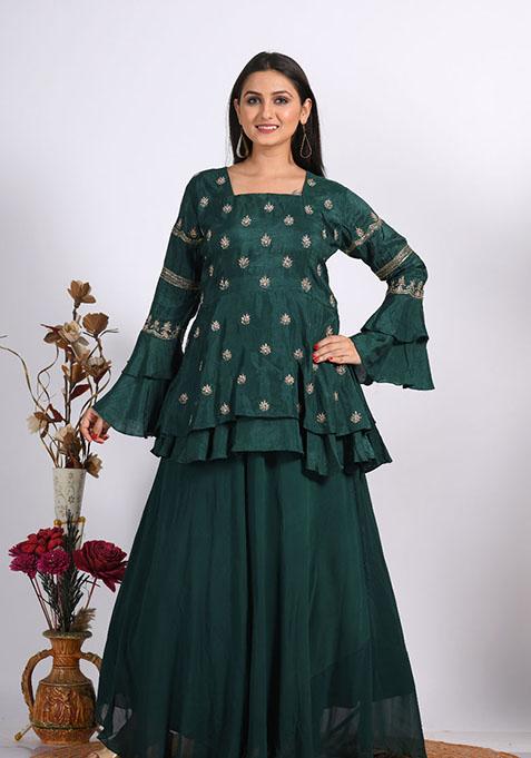 Green Embroidered Pure Georgette Palazzo Set