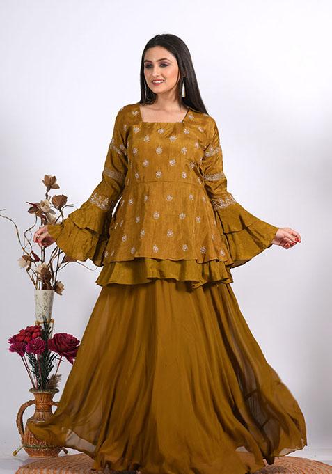 Mustard Embroidered Pure Georgette Palazzo Set