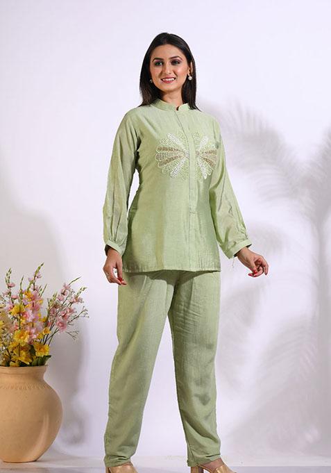 Green Embroidered Cotton Blend Palazzo Set