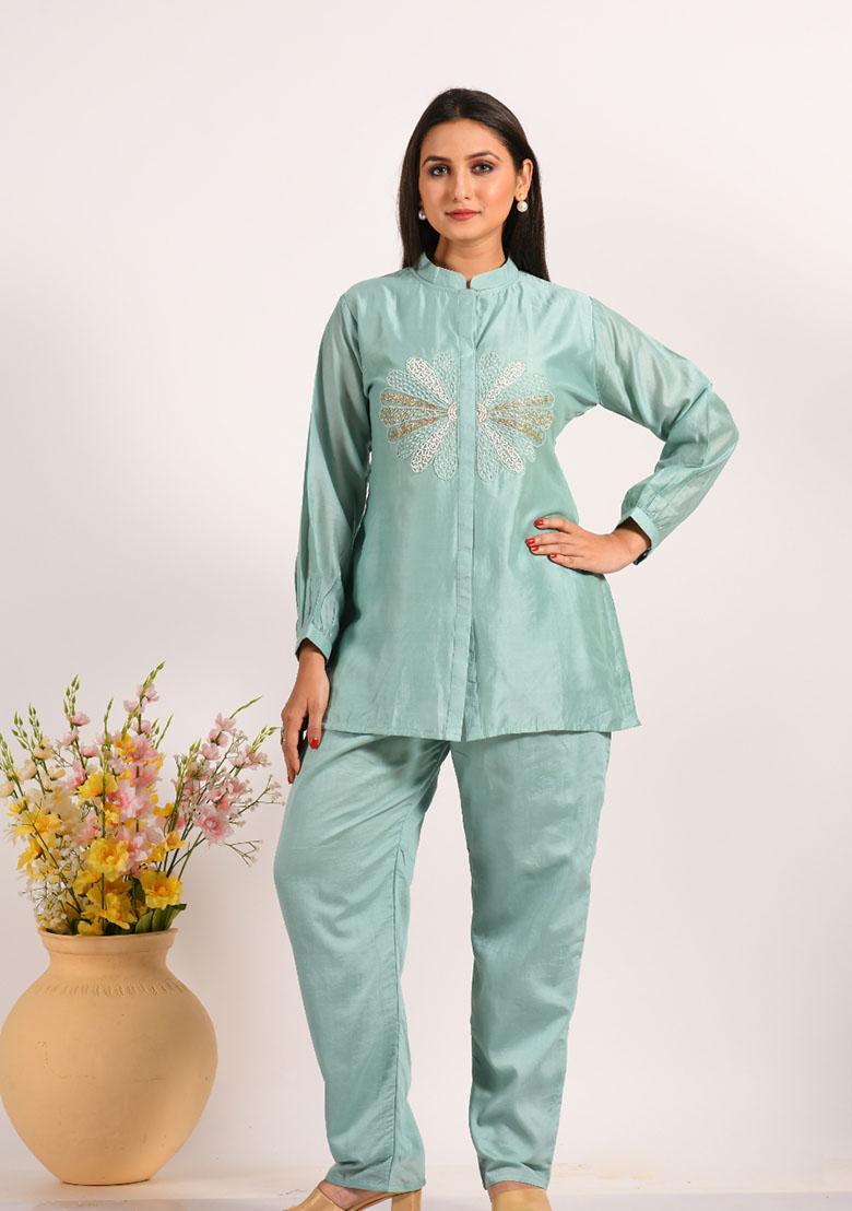 Blue Embroidered Cotton Blend Palazzo Set - Indya
