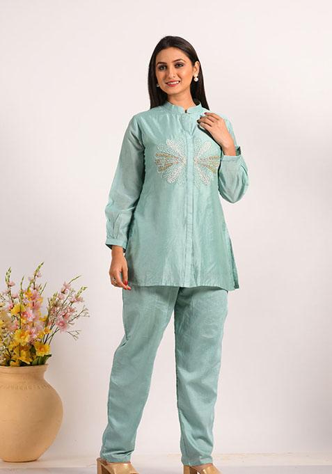 Blue Embroidered Cotton Blend Palazzo Set