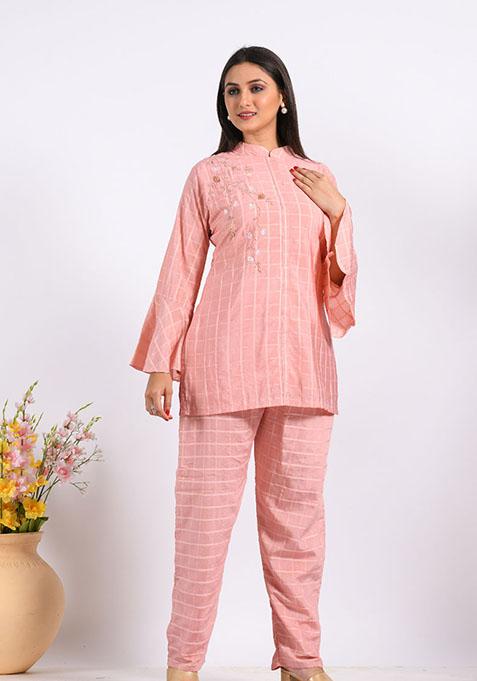 Peach Embroidered Chanderi Silk Palazzo Set