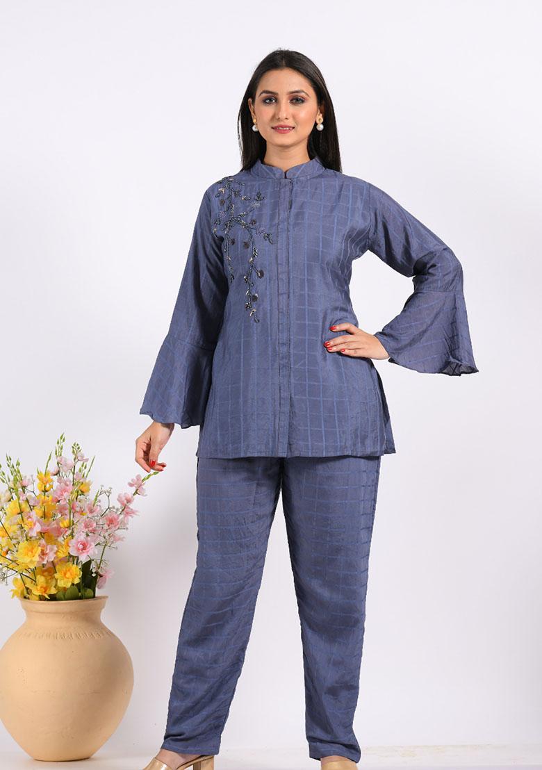 Blue Embroidered Chanderi Silk Palazzo Set - Indya
