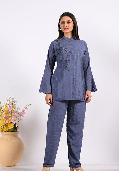 Blue Embroidered Chanderi Silk Palazzo Set