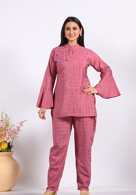 Peach Embroidered Chanderi Silk Palazzo Set