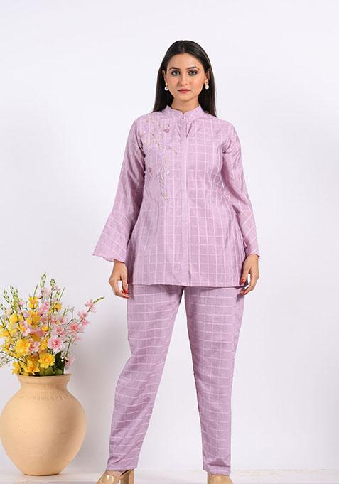 Purple Embroidered Chanderi Silk Palazzo Set