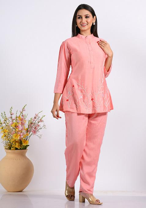 Peach Embroidered Cotton Blend Palazzo Set