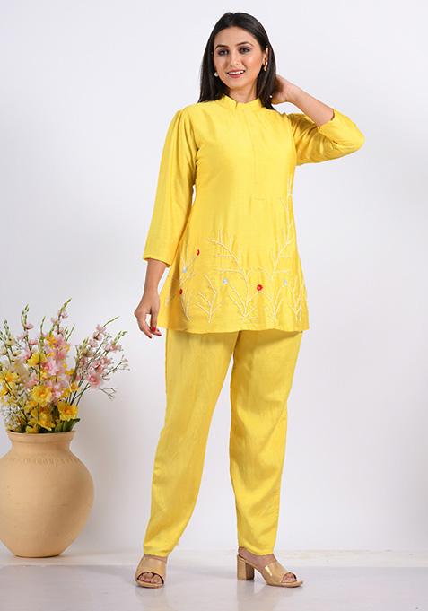 Yellow Embroidered Cotton Blend Palazzo Set