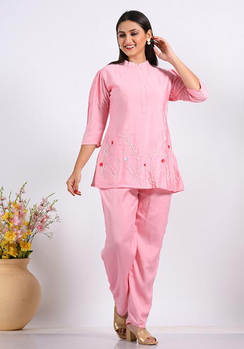 Pink Embroidered Cotton Blend Palazzo Set