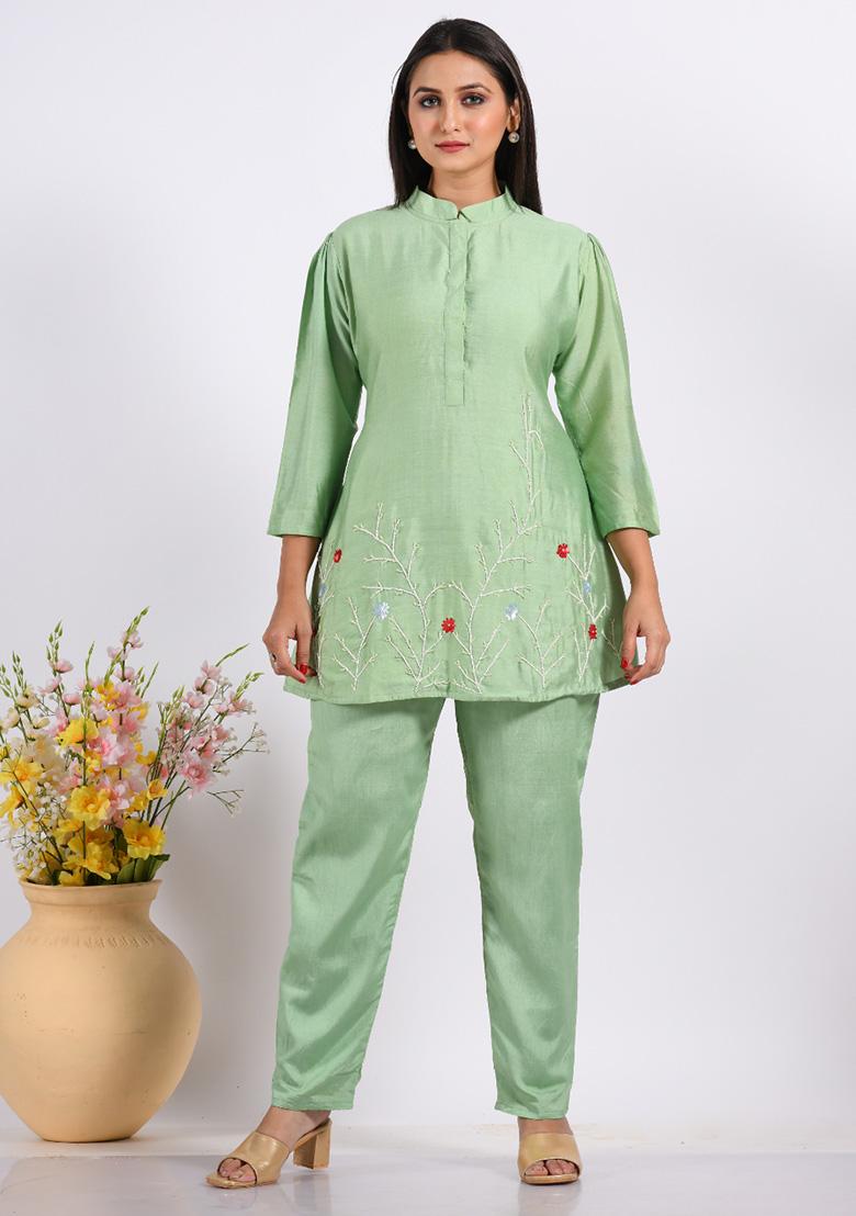 Green Embroidered Cotton Co Ord Set - Indya