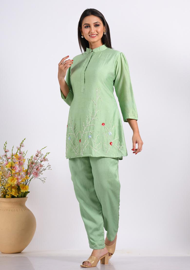 Green Embroidered Cotton Co Ord Set - Indya