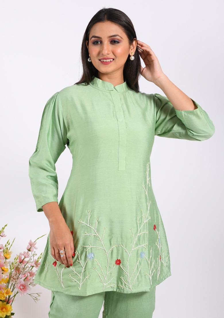 Green Embroidered Cotton Co Ord Set - Indya