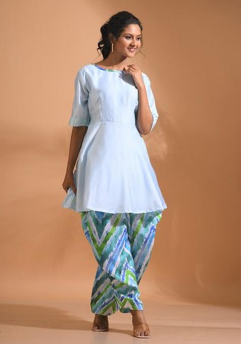 Blue Embroidered Linen Kurta Set
