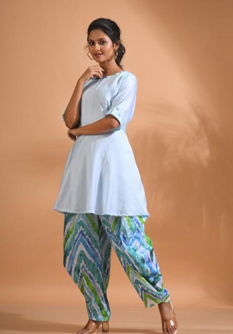 Blue Embroidered Linen Kurta Set