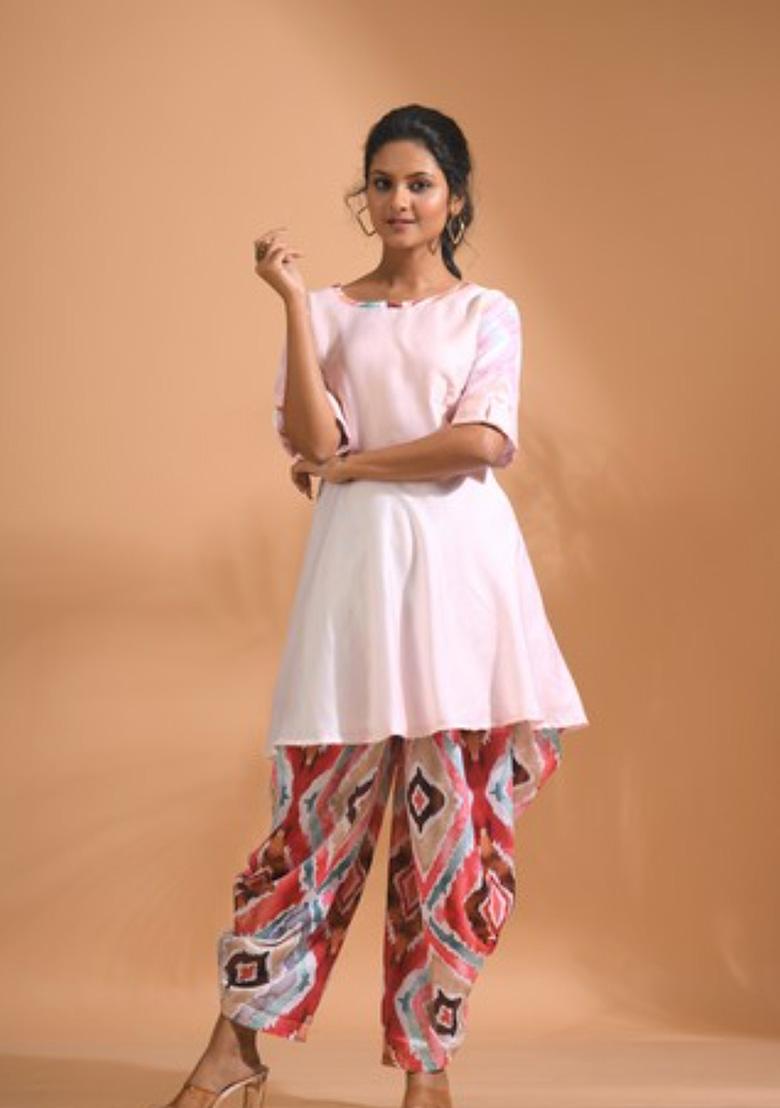 Pink Embroidered Linen Kurta Set - Indya
