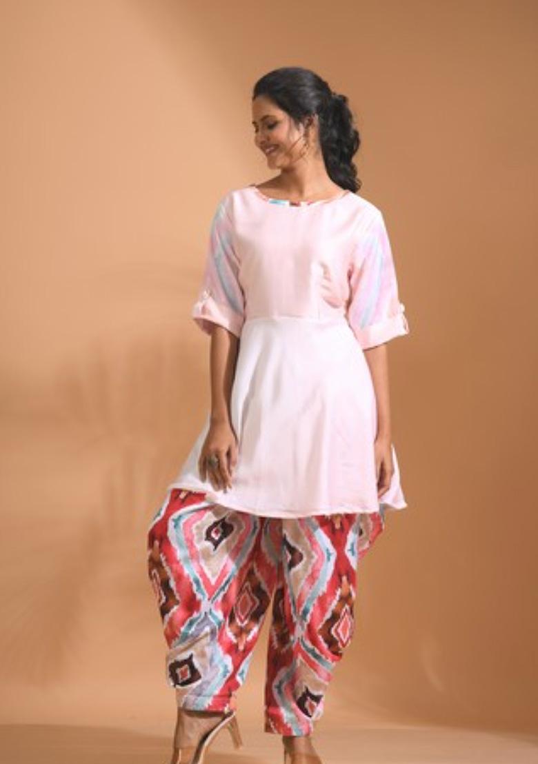 Pink Embroidered Linen Kurta Set - Indya
