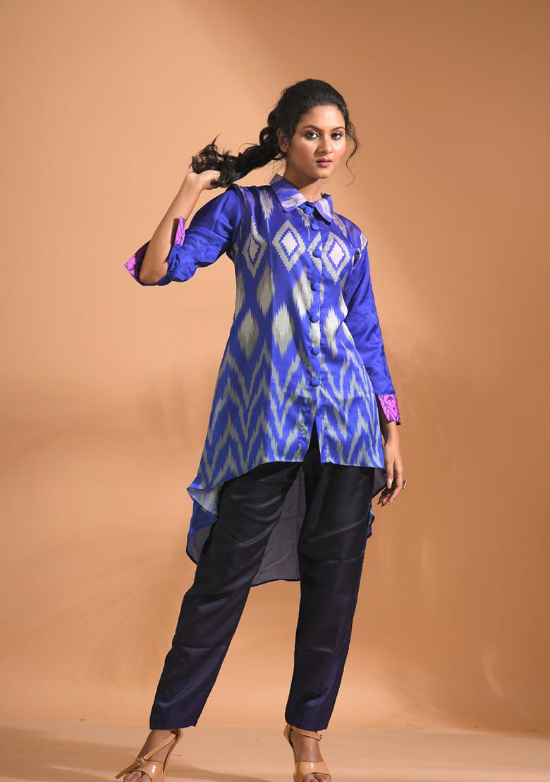 Multicolour Embroidered Linen Kurta Set - Indya