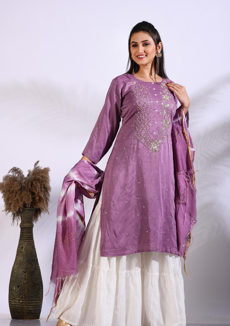 Purple Embroidered Pure Silk Palazzo Set