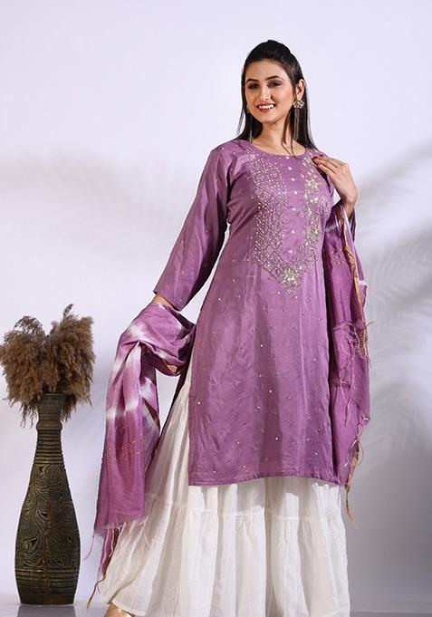 Purple Embroidered Pure Silk Palazzo Set