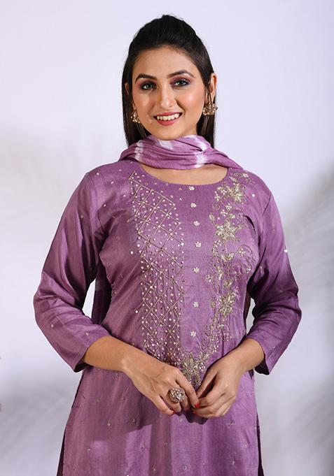 Purple Embroidered Pure Silk Palazzo Set