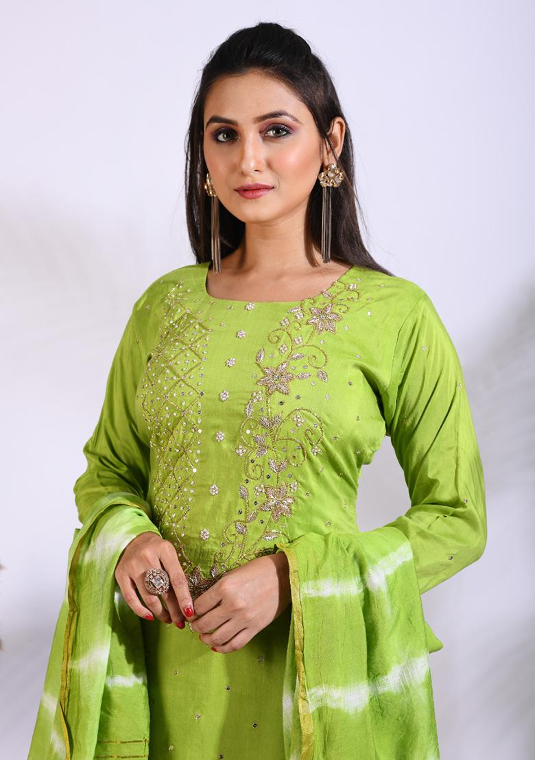Green Embroidered Pure Silk Palazzo Set