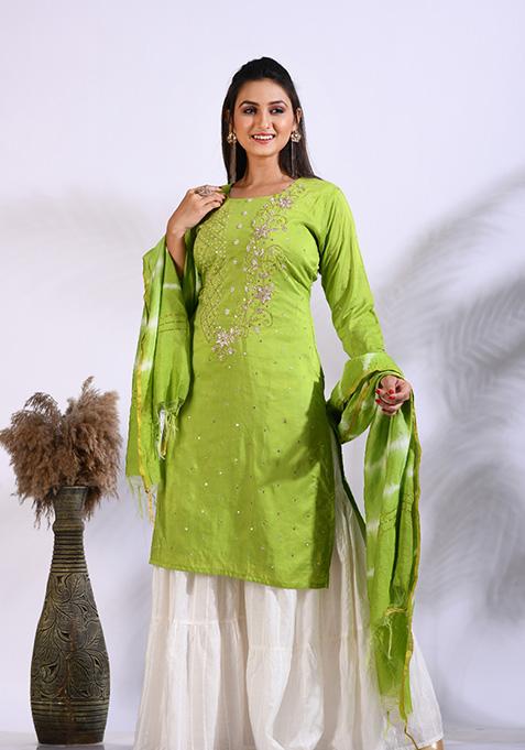 Green Embroidered Pure Silk Palazzo Set