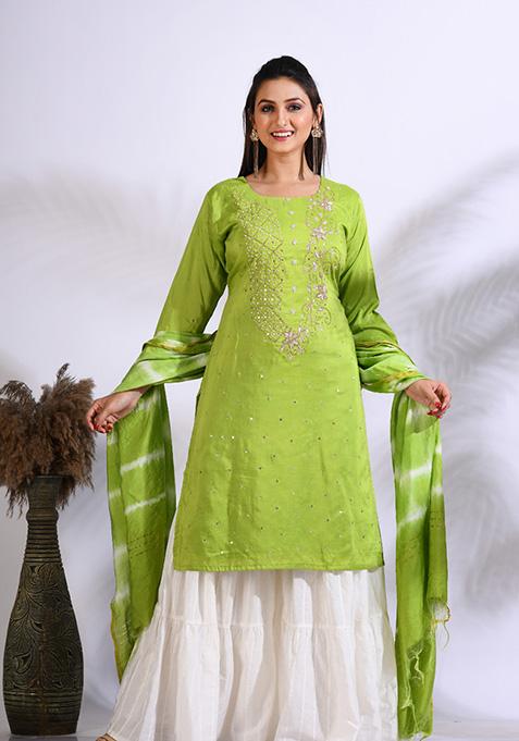 Green Embroidered Pure Silk Palazzo Set