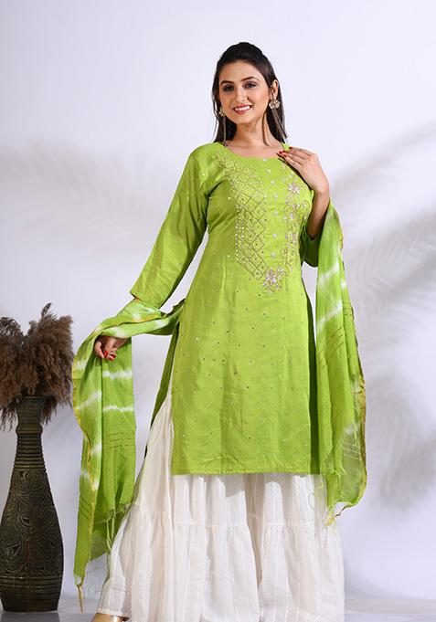 Green Embroidered Pure Silk Palazzo Set