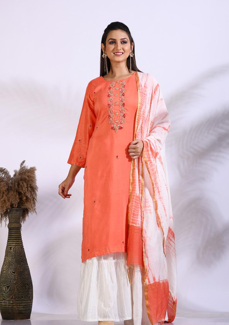 Peach Embroidered Pure Silk Palazzo Set