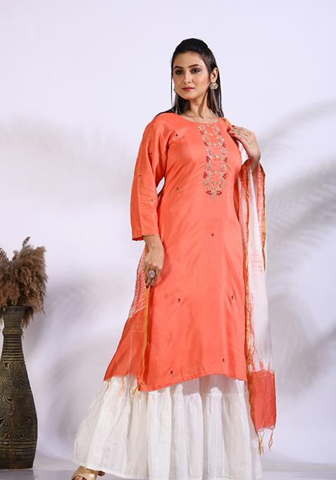 Peach Embroidered Pure Silk Palazzo Set