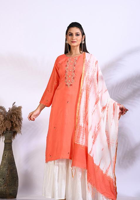 Peach Embroidered Pure Silk Palazzo Set