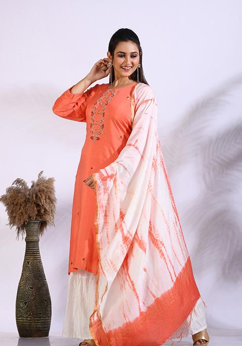 Peach Embroidered Pure Silk Palazzo Set