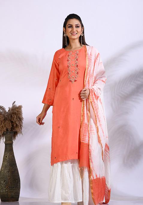 Peach Embroidered Pure Silk Palazzo Set