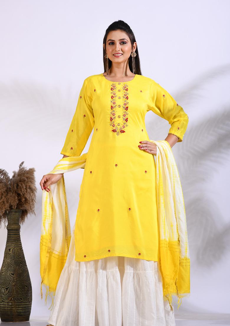 Yellow Embroidered Pure Silk Palazzo Set