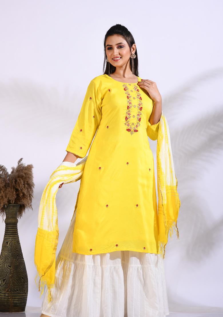 Yellow Embroidered Pure Silk Palazzo Set
