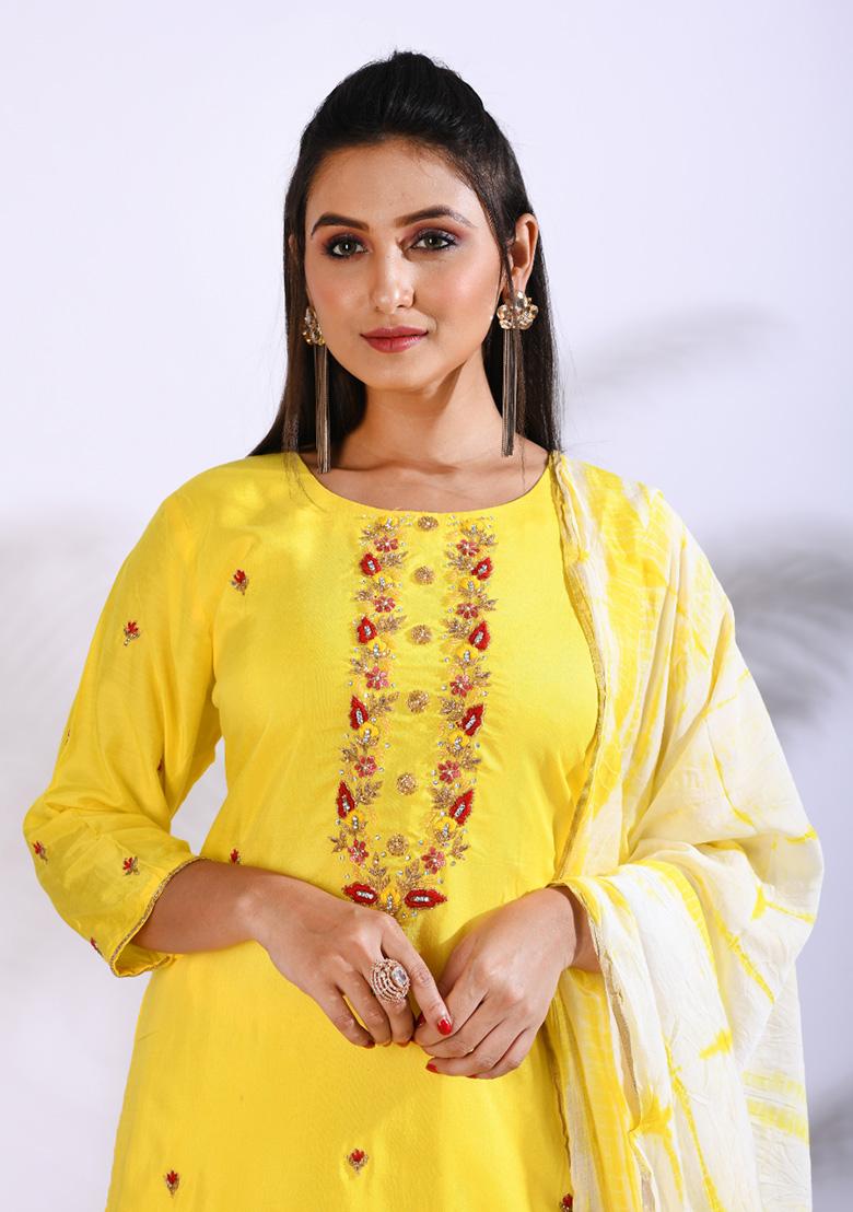 Yellow Embroidered Pure Silk Palazzo Set