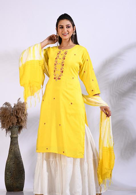 Yellow Embroidered Pure Silk Palazzo Set